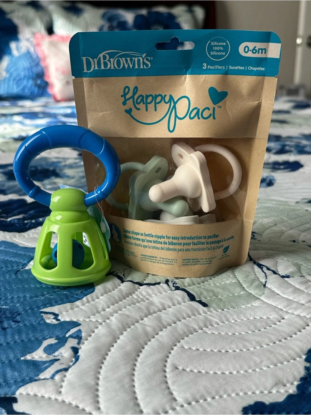 HappyPaci Silicone Pacifiers (0-6m) with Green & Blue Rattle Toy